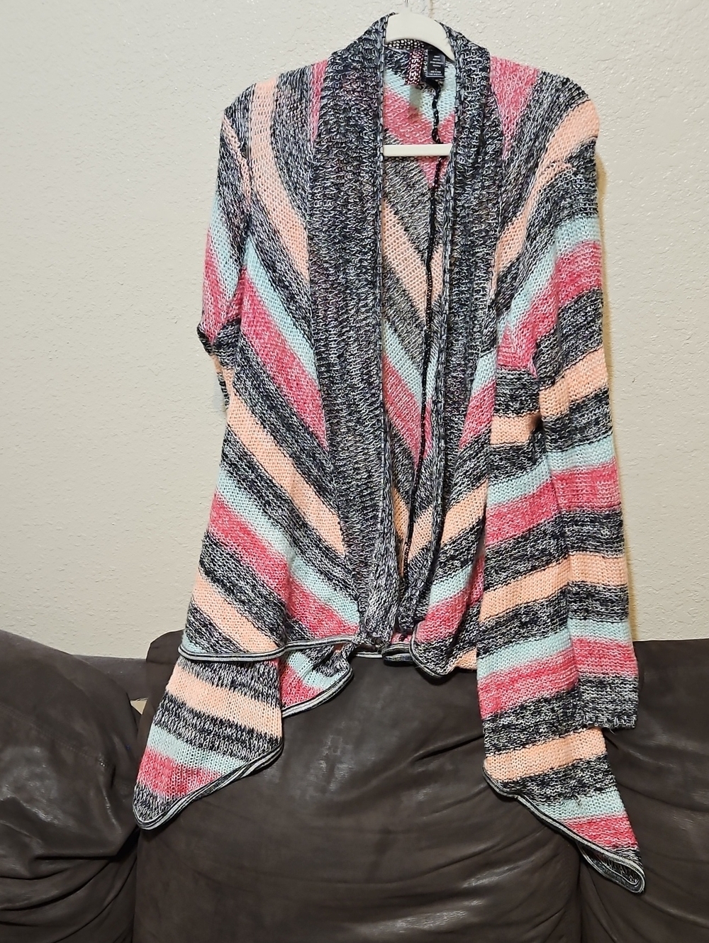 Striped Open-Front Waterfall Cardigan in Pink, Mint & Black